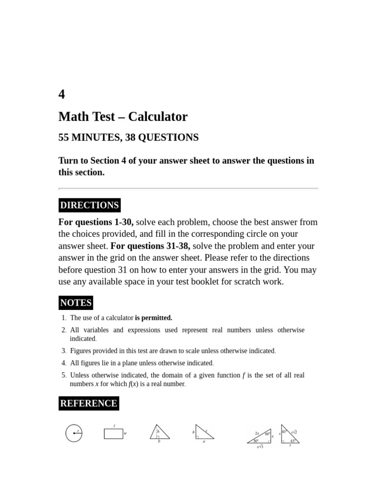SAT Test 1 Maths - With Calculator | PDF | Circle | Equations