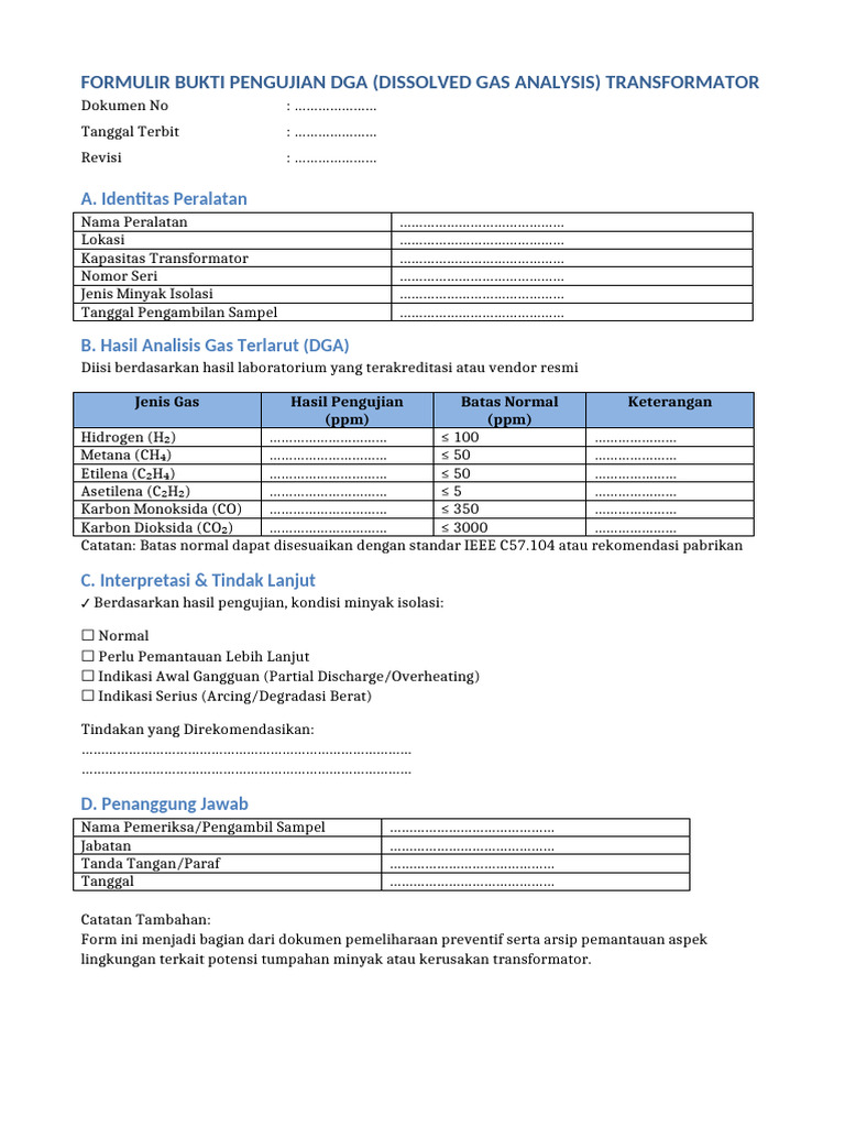 Formulir DGA Transformator dan Analisis | PDF