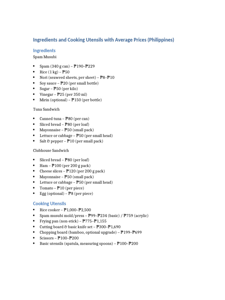 Ingredients Utensils Prices PH | PDF