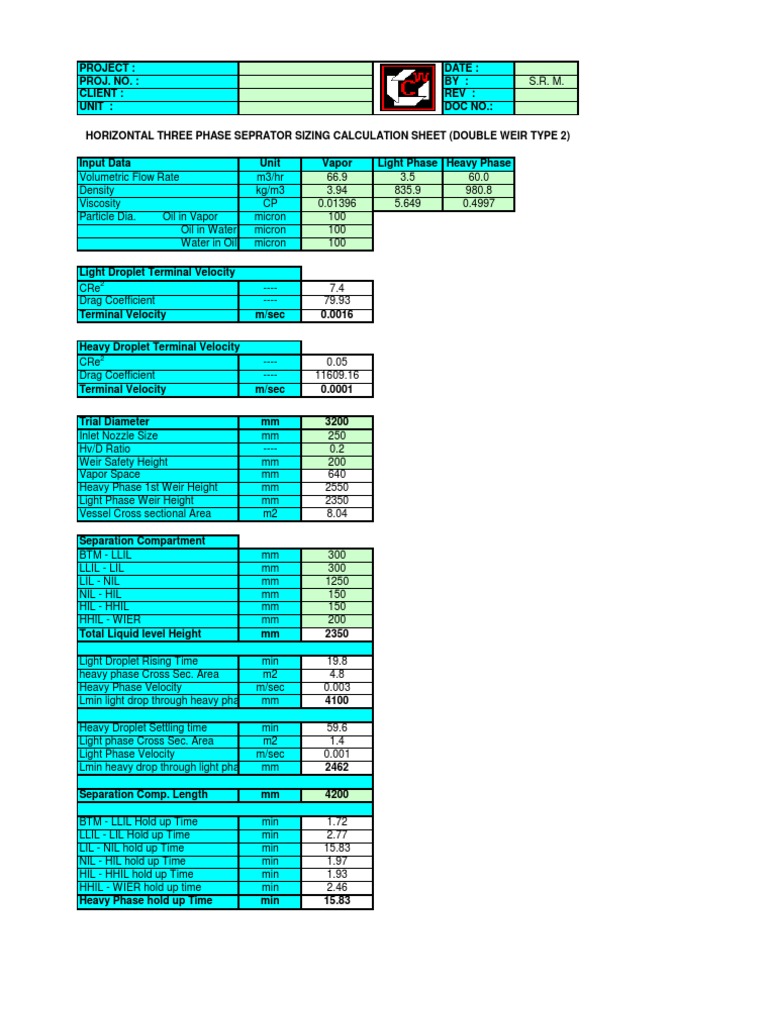 Three Phase Separator Sizing Sheet | PDF | Phases Of Matter | Chemical ...