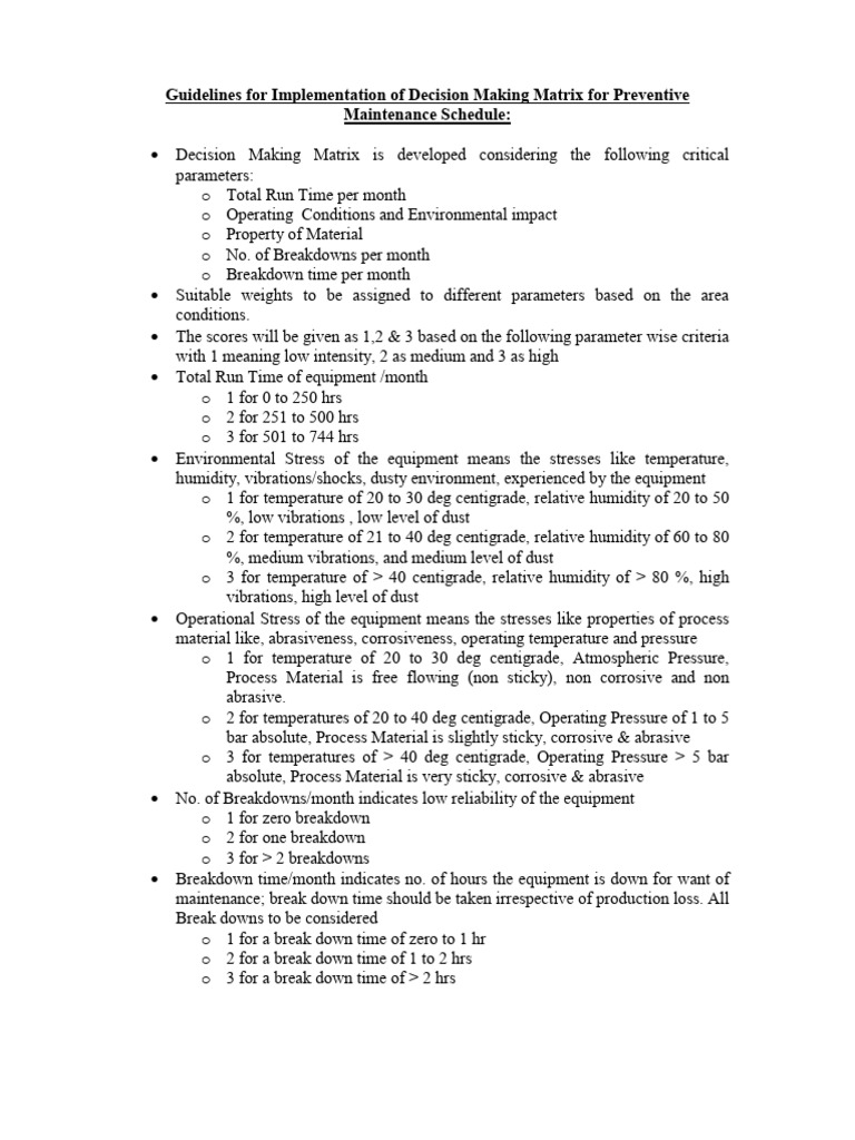 Guidelines for Implementation of Decision Making Matrix for Preventive ...