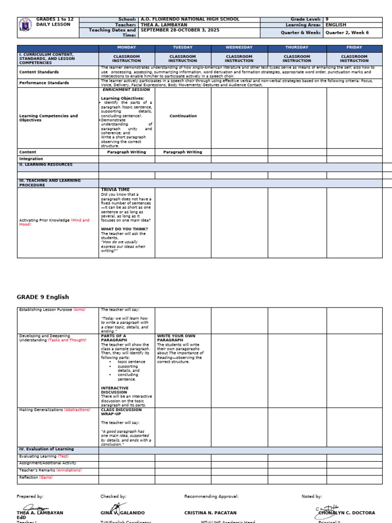 Grade 9 English Lesson Plan: Paragraph Writing | PDF | Teachers | Learning