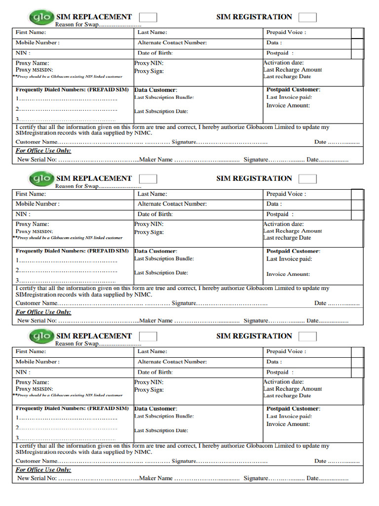 Glo Sim Swap Form | PDF