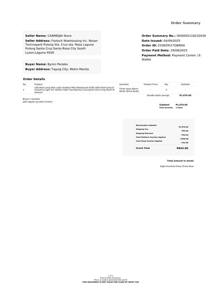 Order Summary for LED Wall Lamp Purchase | PDF | Invoice | Payments