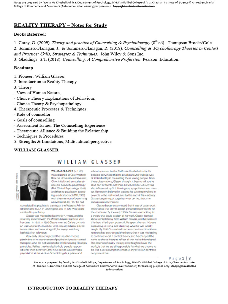 Reality Therapy Study Notes | PDF | Psychotherapy | Psychology
