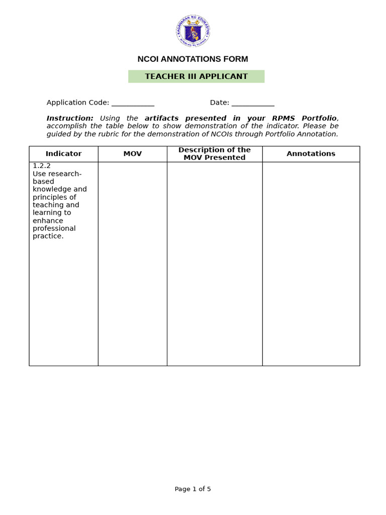Teacher III NCOI Annotations Form | PDF | Learning | Annotation