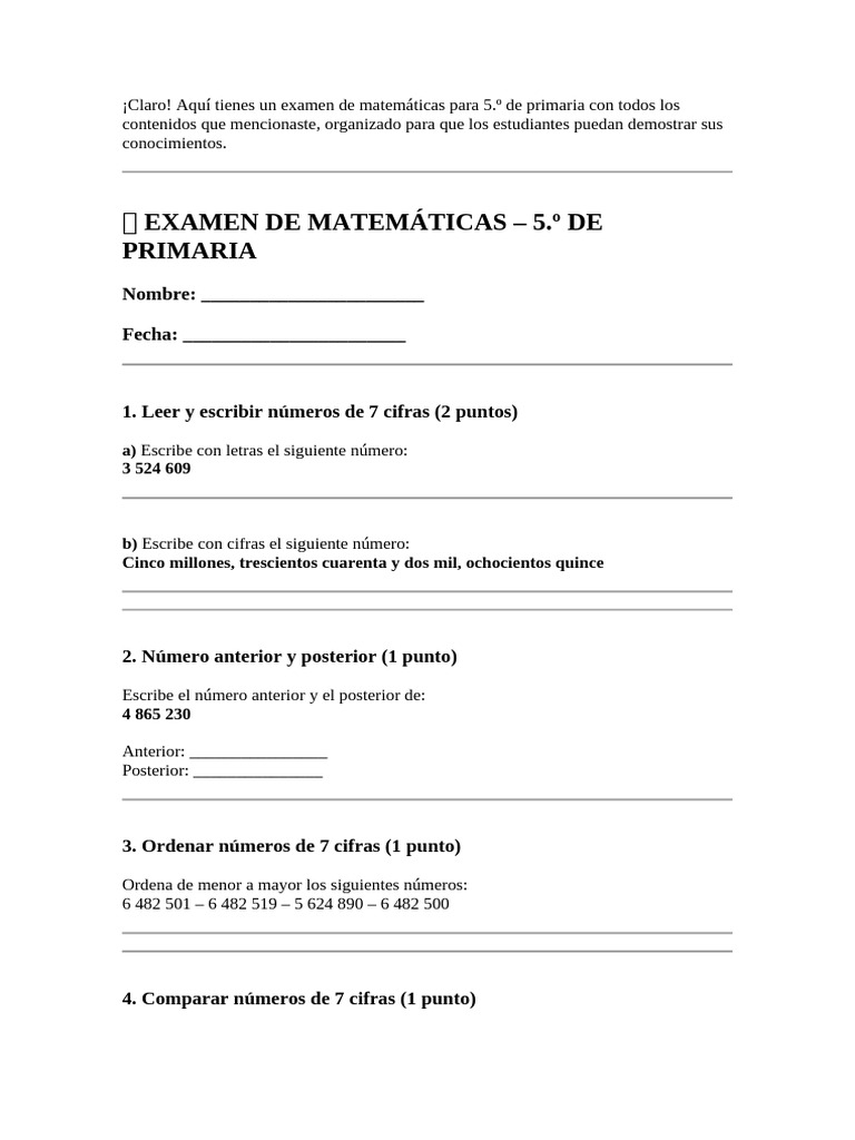 Examen de Matemáticas 5.º Primaria | PDF