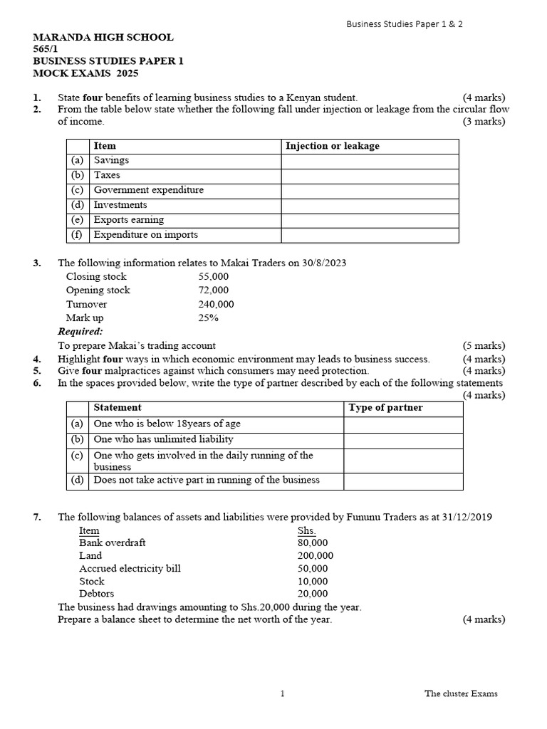 Business Studies Mock Exam 2025 Guide | PDF | Transaction Account ...