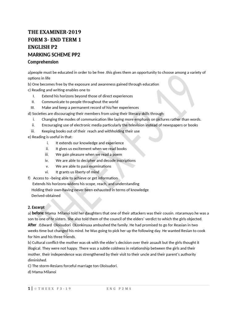 2019 Form 3 English P2 Marking Scheme | PDF | Literacy
