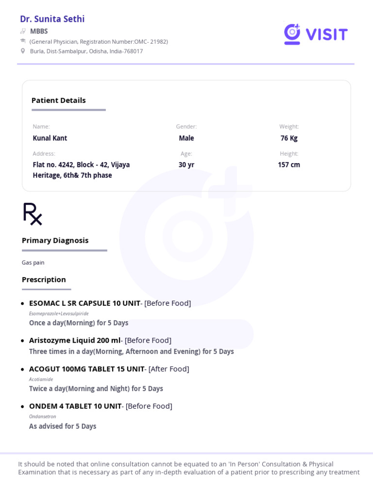 Online Consultation Prescription for Gas Pain | PDF