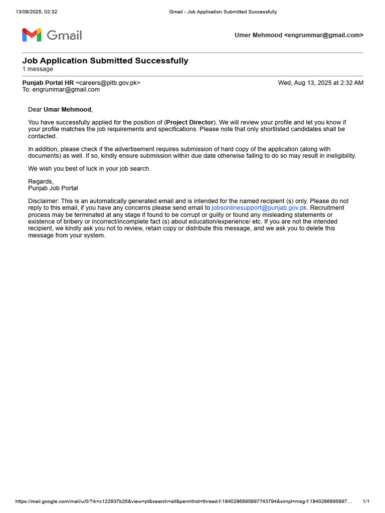 Job Application Confirmation Email | PDF