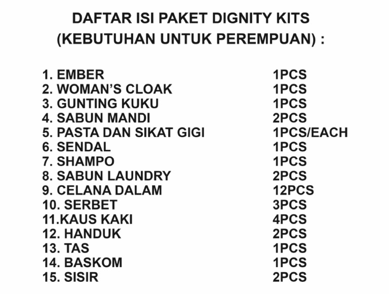 Daftar Isi Paket Dignity Kits - 18,5x14 | PDF