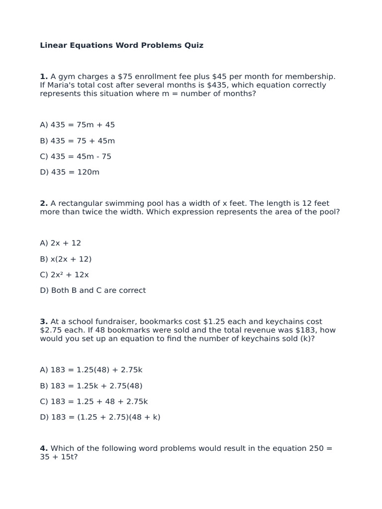 Linear Equations Word Problems Quiz | PDF