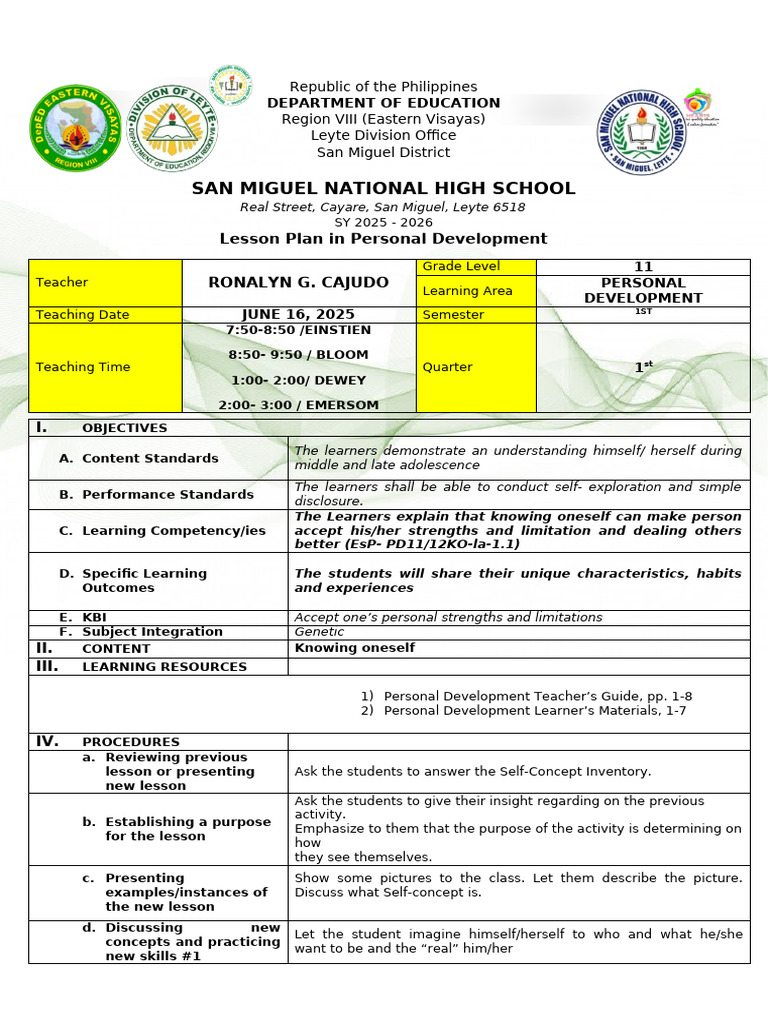 Grade 11 Personal Development Lesson Plan | PDF | Learning | Teachers