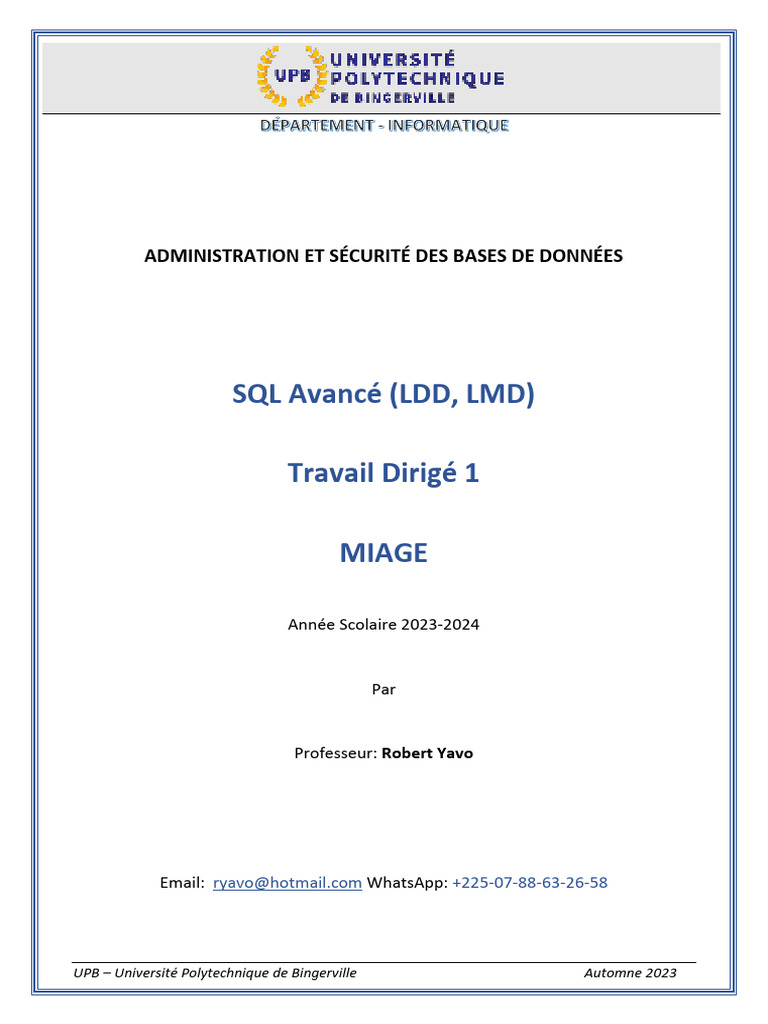 SQL Avancé : Administration des Bases de Données | PDF | SQL | Gestion ...