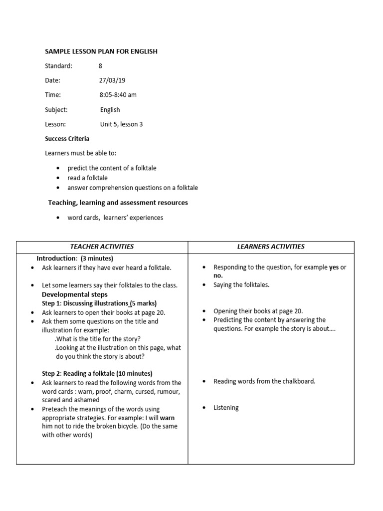 English Sample Lesson Plan Stds 5-8 | PDF | Reading Comprehension ...