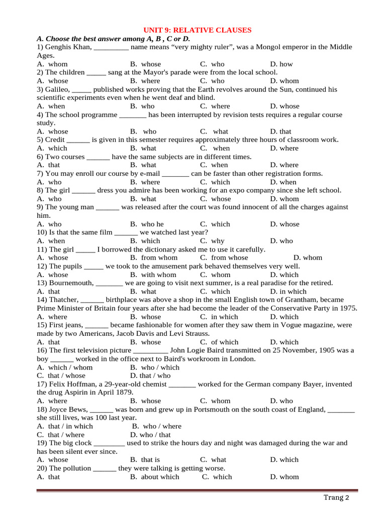 Relative Clauses Practice Exercises | PDF