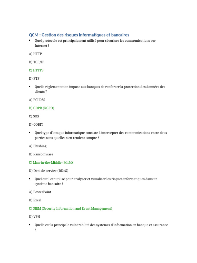 QCM sur la gestion des risques informatiques | PDF
