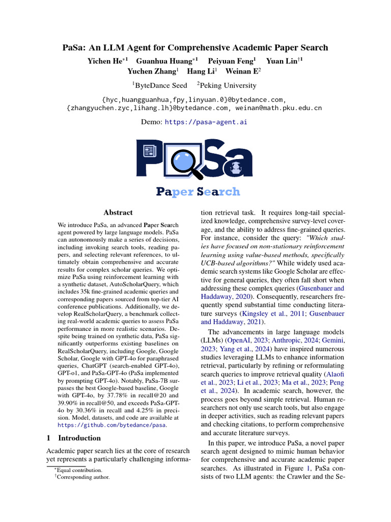 PaSa: Advanced Academic Paper Search Agent | PDF | Information ...