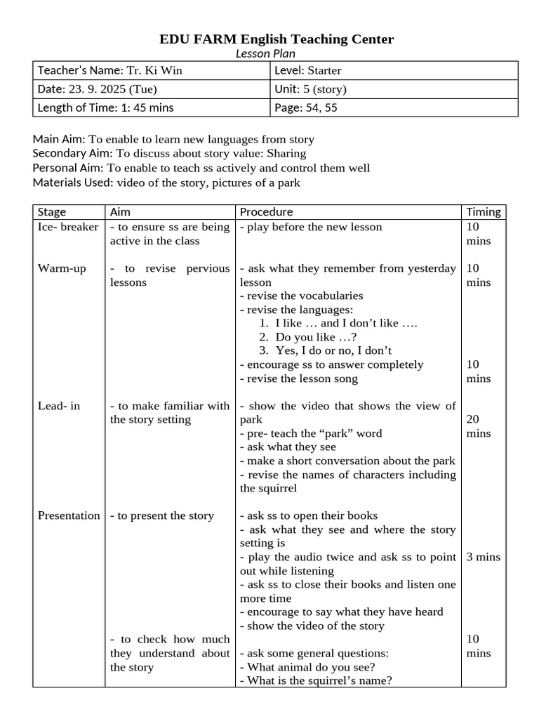 Starter Lesson Plan: Story & Sharing | PDF | Cognitive Science | Cognition