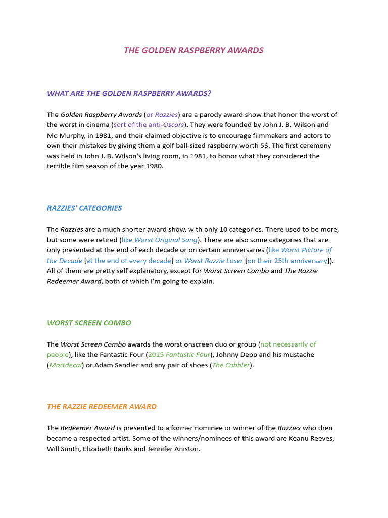 The Golden Raspberry Awards | PDF | Cinema Of The United States ...