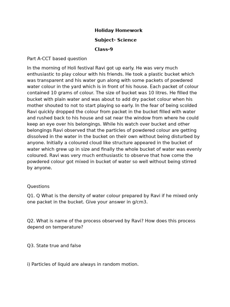 Science Holiday Homework for Class 9 | PDF | Water | Organelle