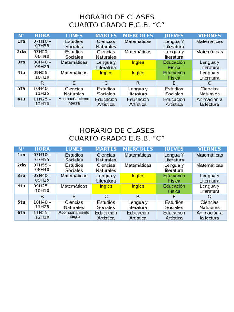 Horario Clases Cuarto Grado E.G.B. C | PDF | Comunicación