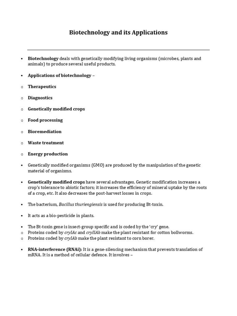 Biotechnology and Its Applications Revision Notes | PDF | Genetic ...