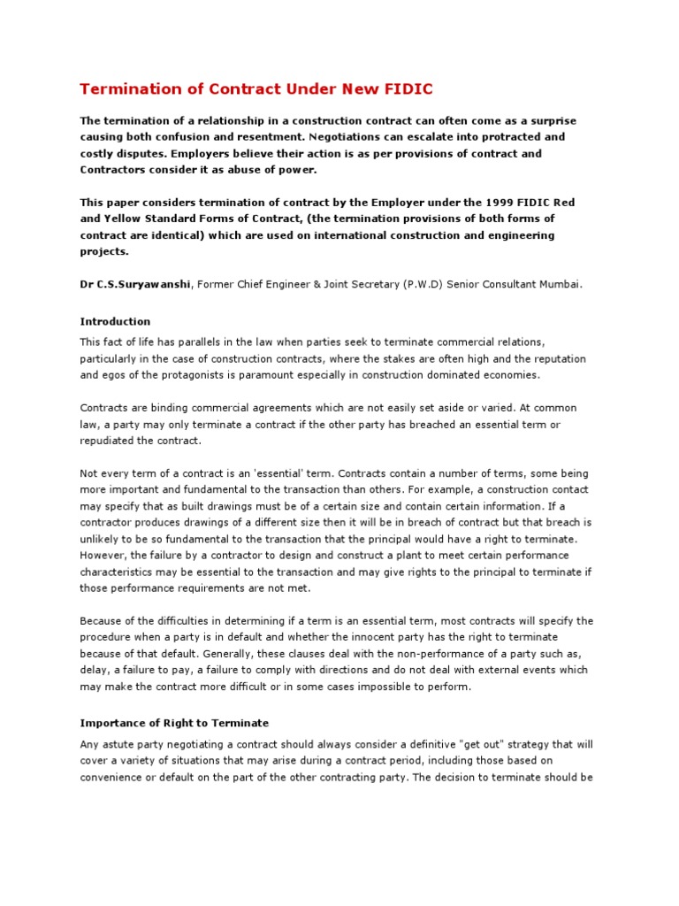 Termination of Contract Under New FIDIC PDF Contractual Term