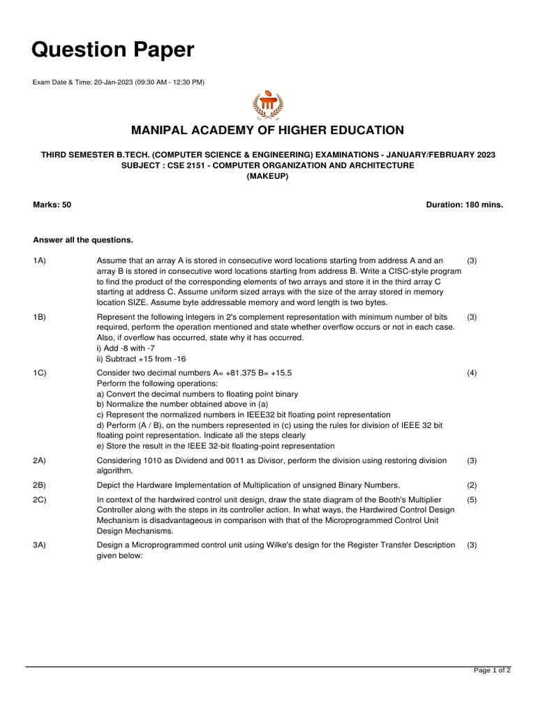 COA QP-MakeUp | PDF | Cpu Cache | Bit