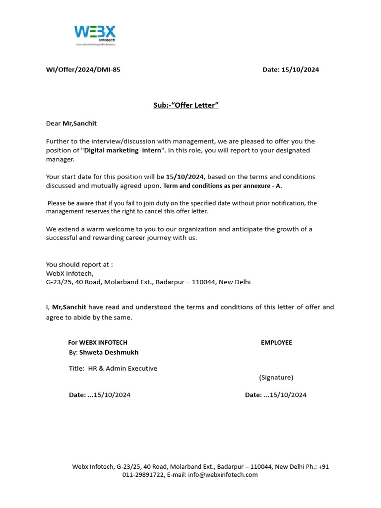 Offer Letter of SANCHIT - Digital Marketing Intern | PDF | Employment ...