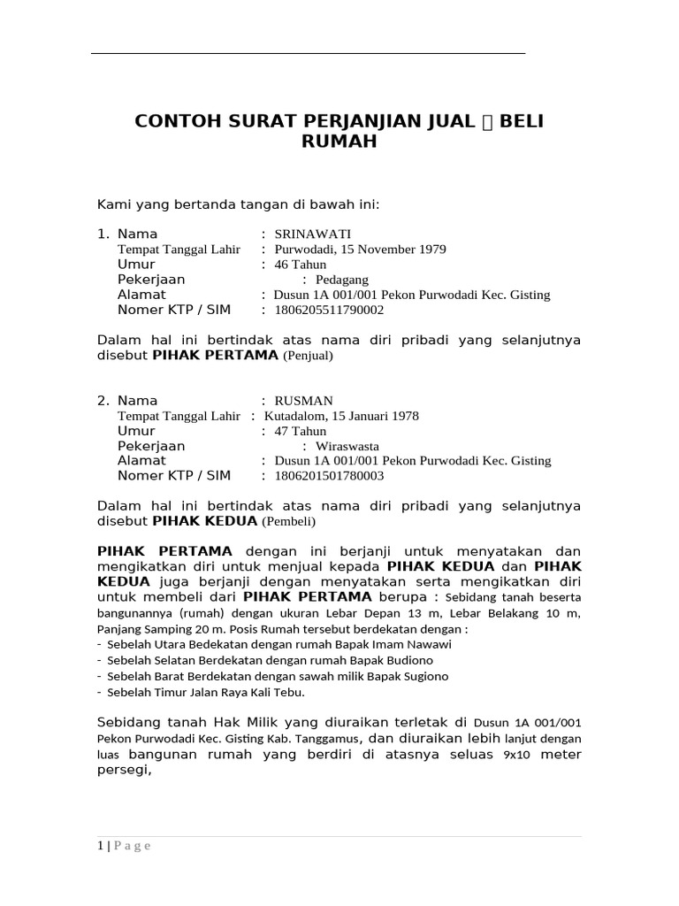 Contoh Surat Perjanjian Jual Beli Rumah | PDF