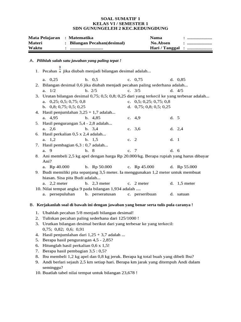 Soal Matematika Pecahan Desimal Kelas VI | PDF