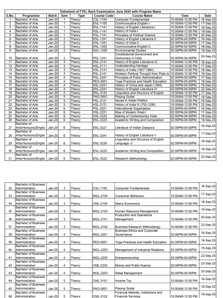 BA and BBA Exam Schedule September 2025 | PDF | Mathematical Analysis ...