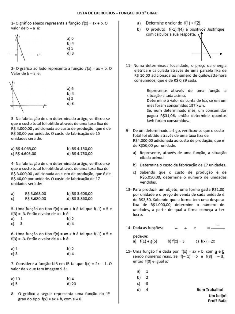 Exercícios sobre Função do 1° Grau | PDF | Despesa | Função (Matemática)