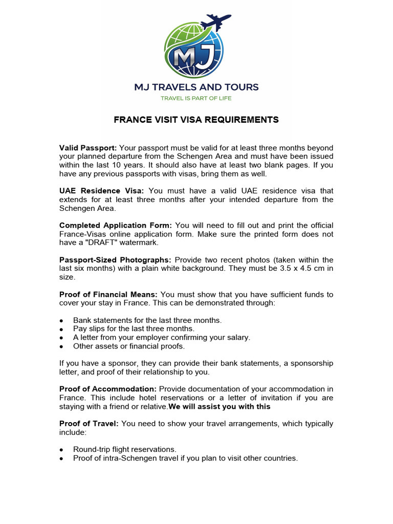 France Tourist Visa Requirements Guide | PDF