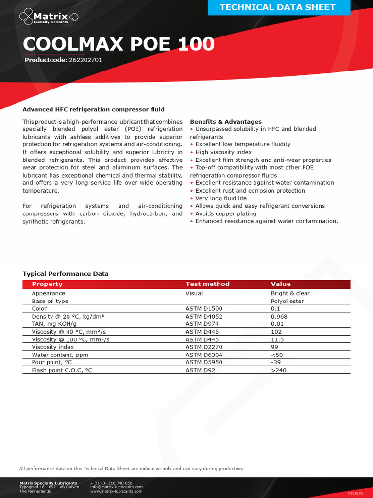 COOLMAX POE 100 Refrigeration Lubricant | PDF | Lubricant | Viscosity