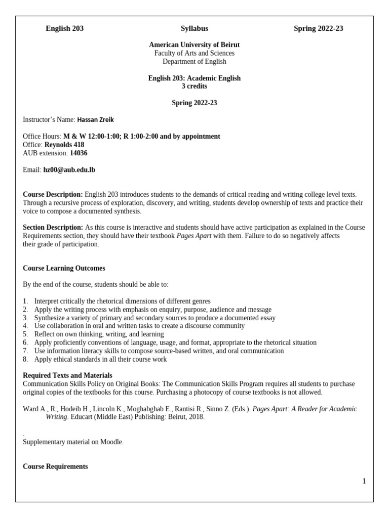 English 203: Academic English Syllabus | PDF | Essays | Rhetoric