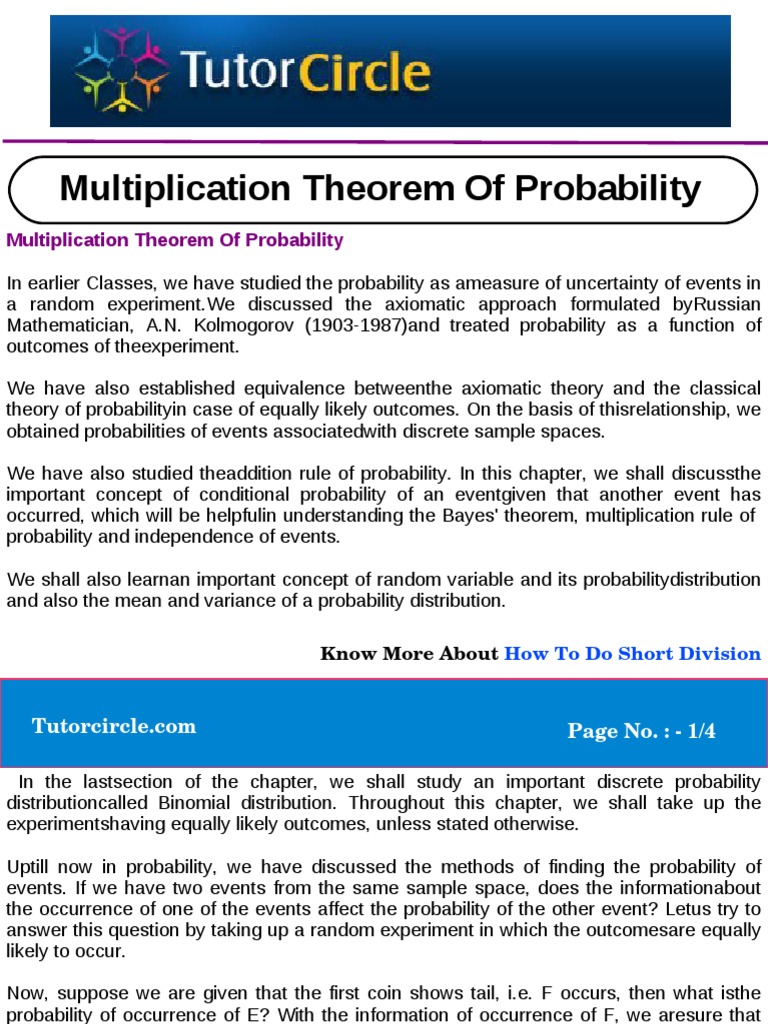 Multiplication Theorem of Probability Explained | PDF | Probability ...