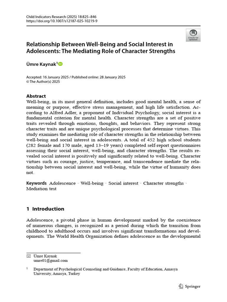 Mediating Role of Character Strengths in Adolescent Well-Being | PDF ...