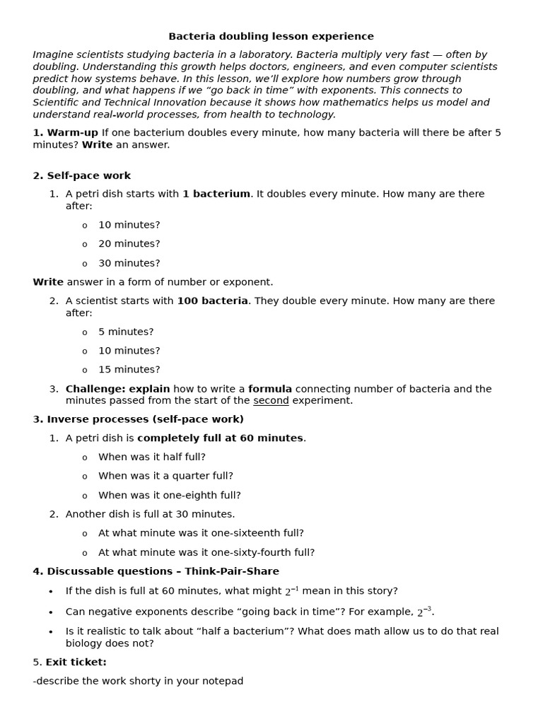 Bacteria Doubling and Exponents Lesson | PDF