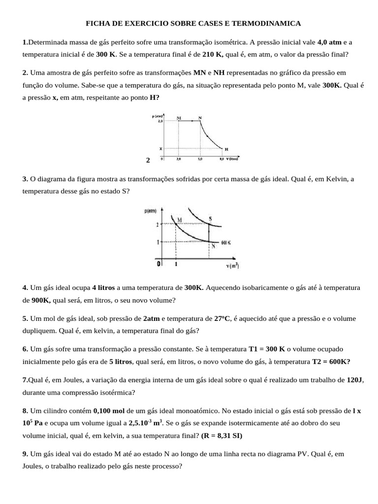 Exercícios de Termodinâmica e Gás Ideal | PDF | Gases | Temperatura