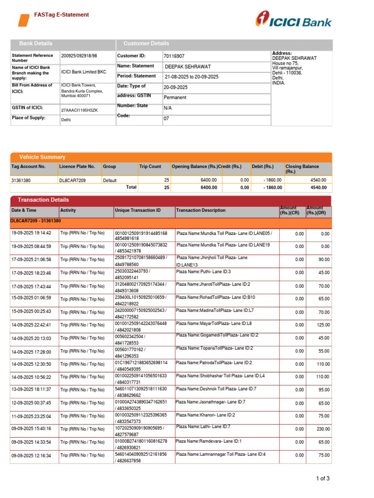 FASTag E-Statement for Deepak Sehrawat | PDF | Banking | Financial Services