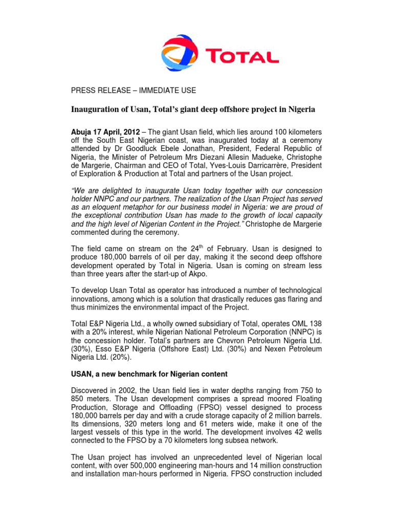 Usan Offshore Project Launch | PDF | Fuel Gas | Petroleum