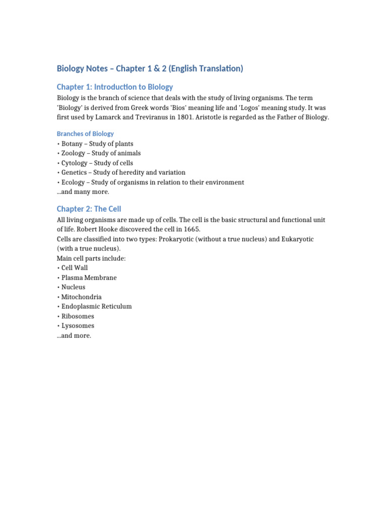 Biology Notes: Chapters 1 & 2 Overview | PDF