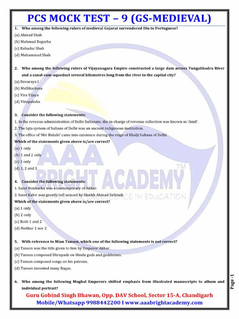 Pcs Mock Test - 9 (Gs-Medieval) Online | PDF