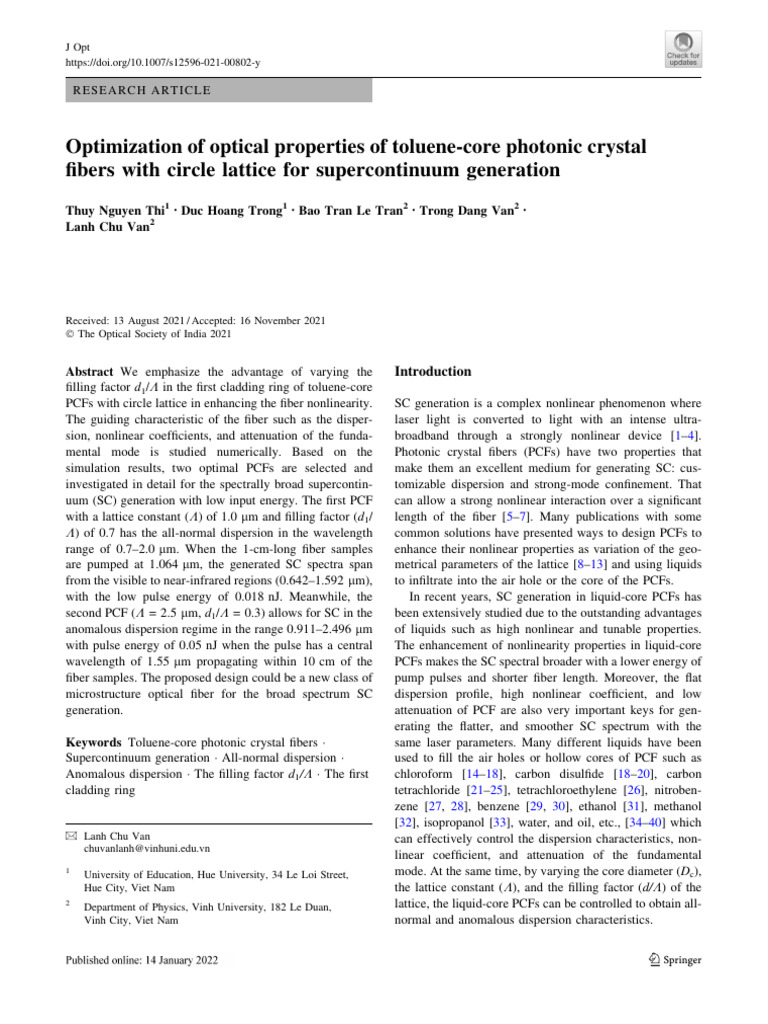 Toluene-Core PCFs for Supercontinuum Generation | PDF | Dispersion ...