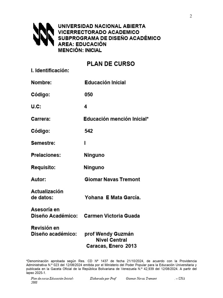 Plan de Curso Educación Inicial 2025-1 | PDF | Educación de la primera ...