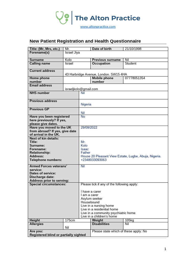 New Adult Patient Registration and Health Questionnaire v2.0 June 2020 ...