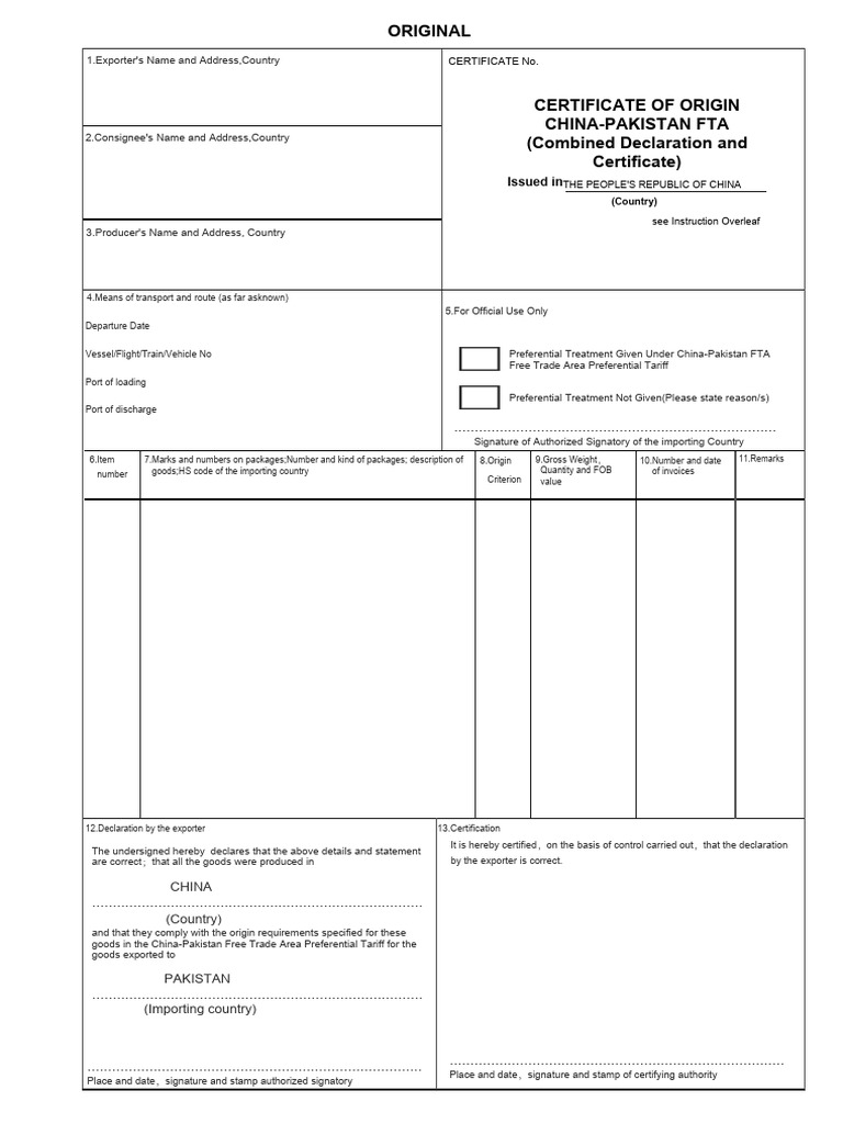 China-Pakistan FTA Certificate of Origin | PDF | Trade | International ...